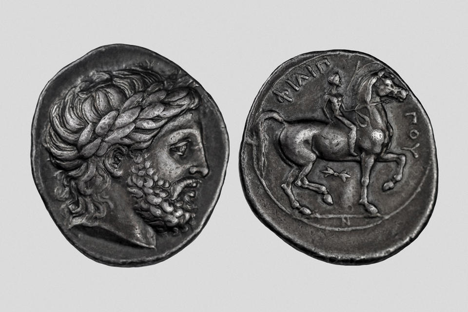 Изображение Филиппа II Македонский на тетрадрахме около 342-336 гг. до н. э., серебро., Монетный двор Пелла, Македония